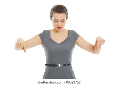 Surprised Business Woman Pointing Down