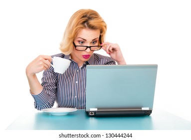 Surprised Business Woman Watching In Laptop, Isolated On White