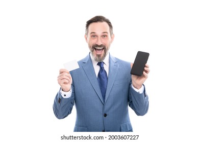 Surprised Ceo Hold Card And Cell Phone For Paying Online Isolated On White Copy Space, Buy Online.