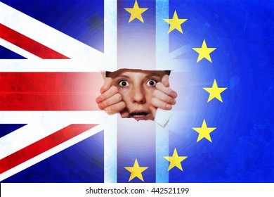 Surprised Citizen Looking Through Tor EU Flag - Uncertainty After Brexit