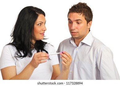 Surprised Couple Holding Pregnancy Test Isolated On White Background