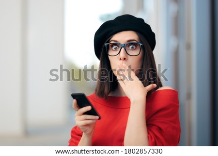 Surprised Fashion Woman Reading a Text Message. Shocked girl holding Smartphone receiving impolite rude text 
 [[stock_photo]] © 