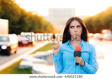 Surprised Female Reporter on Field in Traffic 
Woman journalist on the job as a live correspondent 
