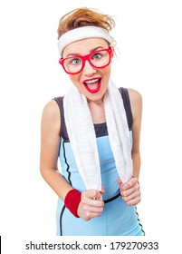 Surprised Funny Fitness Woman Ready For Gym, Isolated On White Background