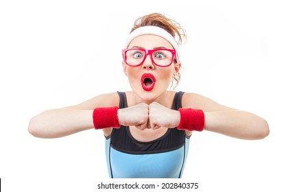 Surprised Funny Fitness Woman Ready For Gym, Isolated On White Background