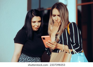 
Surprised Girl Finding out Shocking Gossip on Social Media. Friends reacting to online sale discount offer 
 - Powered by Shutterstock