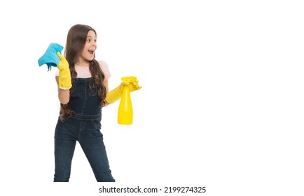 Surprised Girl Holding Spray Bottle And Duster In Yellow Gloves Studio Isolated On White, Cleaning