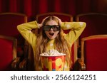 Surprised girl in a yellow sweater with 3d glasses and popcorn in a cinema seat, showing excitement, shocked and emotion