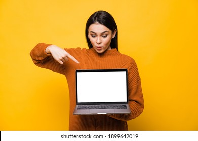 Surprised happy brunette woman in sweater showing blank laptop computer screen and pointing finger on it, standing on isolated orange background.
