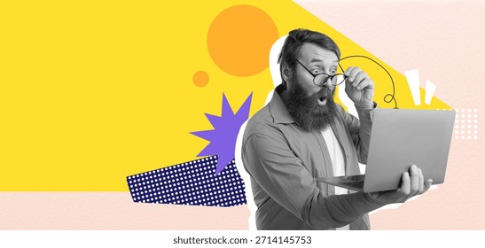 Surprised Man With Beard Using Laptop in a Colorful Collage Setting