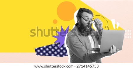 Surprised Man With Beard Using Laptop in a Colorful Collage Setting
