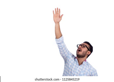 Surprised Man Looking Up Asking For Help, Isolated On A White Background.