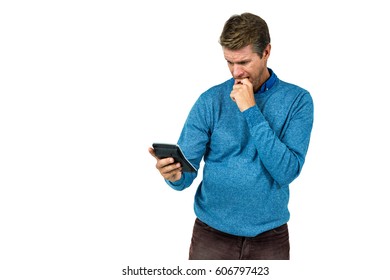 Surprised Man Using Calculator Against White Background