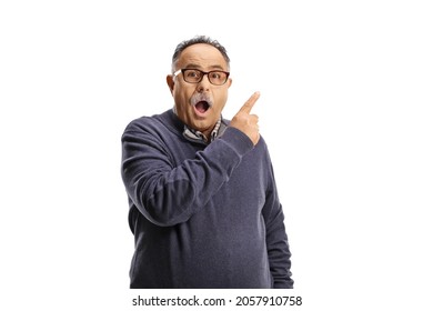 Surprised Mature Man Pointing With Finger Isolated On White Background