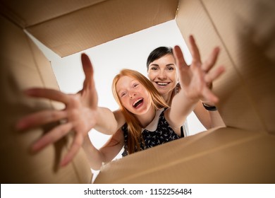 The Surprised Mom And Daughter Unpacking, Opening Carton Box And Looking Inside. The Package, Delivery, Surprise, Gift Lifestyle Concept. Human Emotions And Facial Expressions Concepts