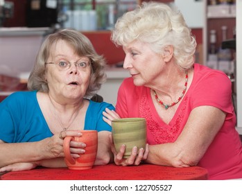 Surprised Older Woman Talking With Her Friend In A Cafe