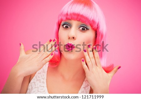 Surprised pink hair girl