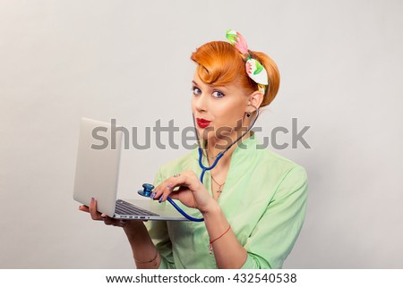 Surprised Pinup Girl Listening Computer With Stethoscope Looking At You Retro Vintage Hairstyle Healthcare Diagnosis Software Surprised Pinup Girl Listening Computer With Stethoscope Looking At You Retro Vintage Hairstyle Healthcare Diagnosis Software