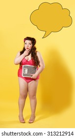 Surprised plus size girl holding scales with thought bubble on yellow background 