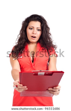 Surprised professional young nurse or medical woman  doctor with big breasts, wearing tangerine tango orange uniform dress , with clipboard  shocked about results. Isolated on white background