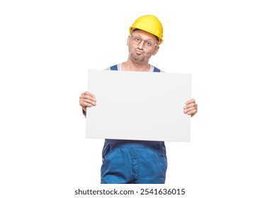 Surprised promoting construction worker holding white board, isolated on white background. Repairman showing blank empty paper billboard with blank space for text. Studio shot - Powered by Shutterstock