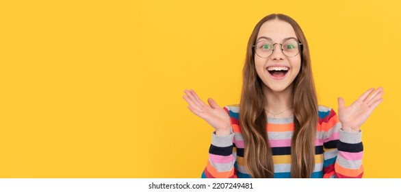 Surprised Schoolgirl Nerd Teen Girl In Eyeglasses For Vision, Surprise. Child Face, Horizontal Poster, Teenager Girl Isolated Portrait, Banner With Copy Space.