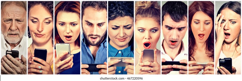 Surprised Shocked Group Of People Men Women Texting On Smart Phone