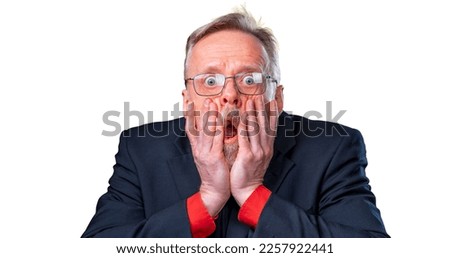 Surprised shocked middle aged man, hands near his face on a white background. Human emotions concept