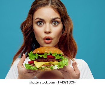 Surprised Woman Huge Hamburger Her Hands Stock Photo 1743913034 ...