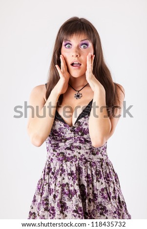 A surprised woman on grey background