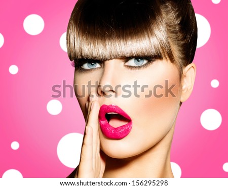 Surprised Woman with open Mouth. Pin up Girl. Make up. Beauty Woman over Pink Background. Open Mouth, Emotions 
