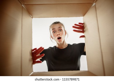 Surprised Woman Opening Box Looking Inside Stock Photo 1155789871 ...