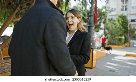 A surprised woman reacts joyfully to a man outdoors in a city park, amidst greenery and pedestrians. - Powered by Shutterstock