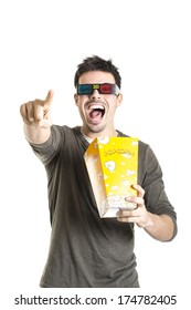 Surprised Young Man Eating Popcorn With 3d Glasses Isolated On A White Background