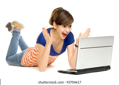 Surprised Young Woman Using Laptop