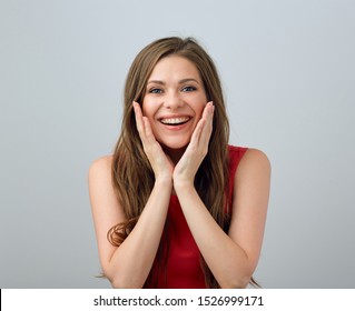 Surprising happy woman in red dress. Isolated female portrait.