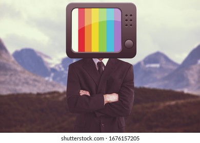 Surreal addicted man with a television on head