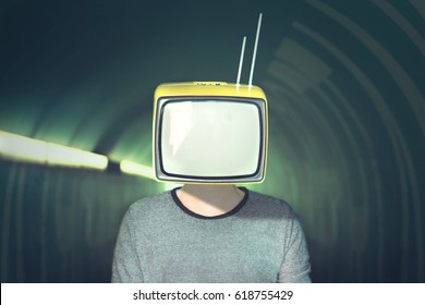 surreal addicted man with television on his head