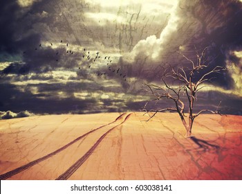 Surreal apocalyptic desert landscape with dead tree, vehicle tracks and birds under a dramatic stormy sky. Drought and climate change concepts. Grunge, wood textured digital photo manipulation.  - Powered by Shutterstock