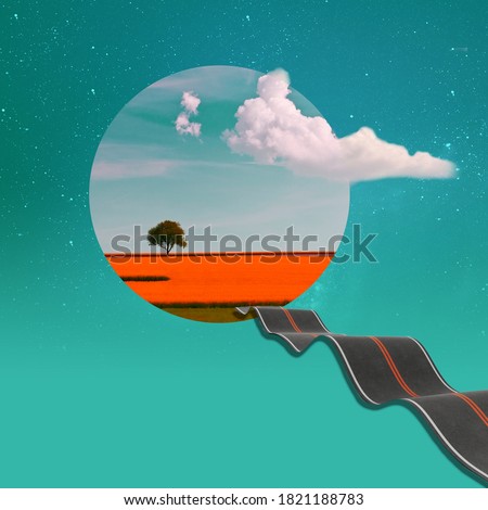 Surreal art collage. Abstract landscape on a turquoise color background.
