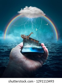 Surreal Art Of Noah's Ark Bible Story On A Cellphone. 