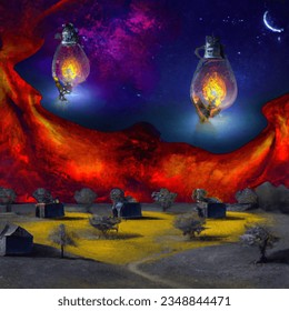 Surreal artistic image of communities without electric light using lanterns 