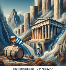 Surreal artistic image of make a composition out of greak columns, wooden beer barrels colored with the colors of greece, greak statue and temple on the side of a mountain and seen from the distance