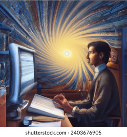 Surreal artistic image of a man in front of a computer from which data comes out of the screen