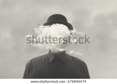 surreal black and white concept man with cloud over head