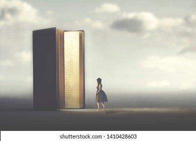 surreal book opens a door illuminated to a woman, concept of way to freedom