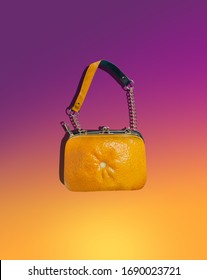 Surreal Bright Women Bag. On A Yellow-pink Background. Creative Concept Of A New Fashion And Product For Instagram Stories
