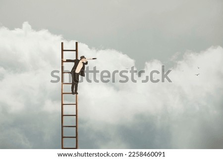 surreal business man hanging from a ladder in the sky looks through his spyglass at the future, abstract concept