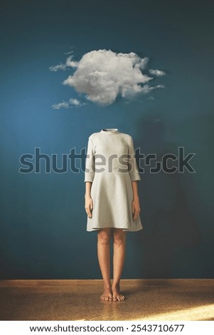 surreal cloud flies over a headless woman, abstract concept
