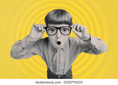 Surreal collage picture image artwork of funny nerd schoolboy staring open mouth touch eyewear shock isolated on yellow background